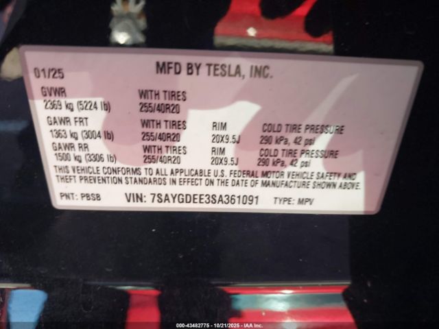2025 TESLA MODEL Y 7SAYGDEE3SA361091 Photo 8