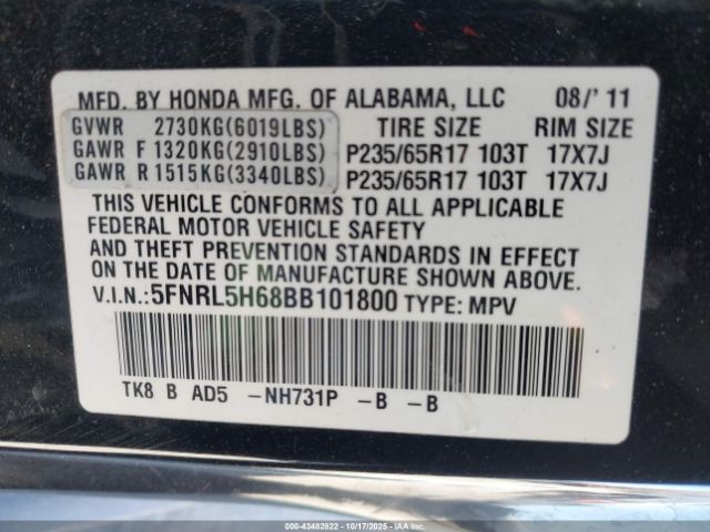 2011 HONDA ODYSSEY 5FNRL5H68BB101800 Photo 8