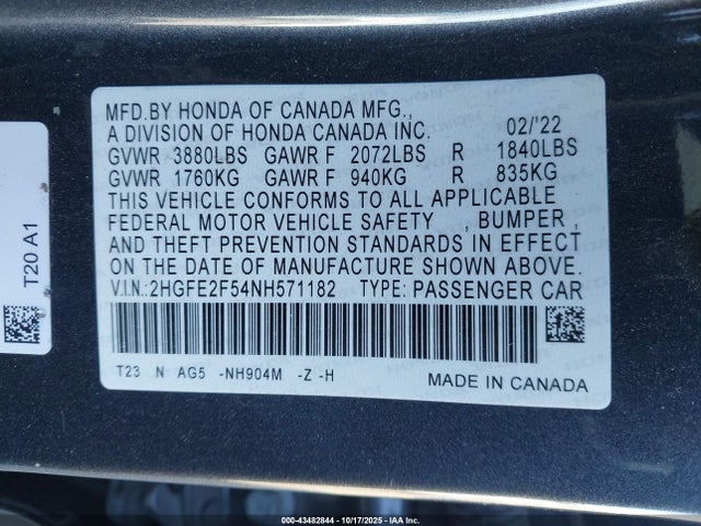 Honda k20c2 2022 2HGFE2F54NH571182 Image 9