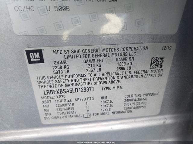 Aukcja sprzedaży 2020 Buick Envision Fwd Preferred, vin: LRBFXBSA5LD129371, numer aukcji: 43482868