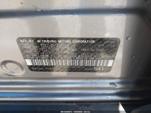 2018 Mitsubishi Outlander Es მანქანა იყიდება აუქციონზე, vin: JA4AZ3A32JZ059210, აუქციონის ნომერი: 43482872