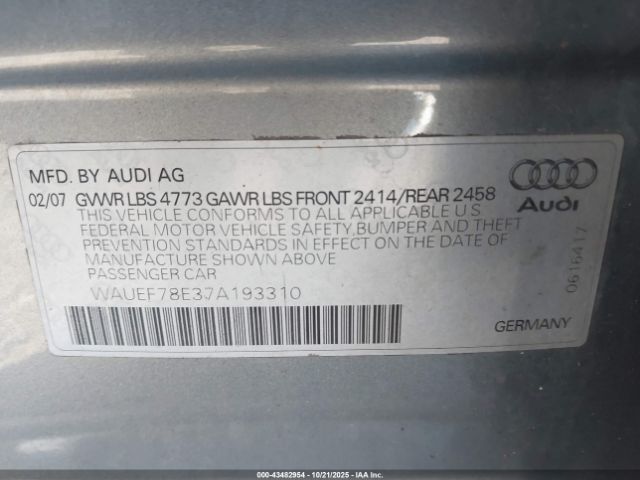 2007 AUDI A4 WAUEF78E37A193310 Photo 8