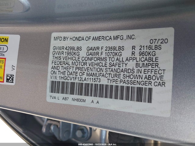 43482960 :رقم المزاد ، 1HGCV1F12LA111573 vin ، 2020 Honda Accord Lx مزاد بيع