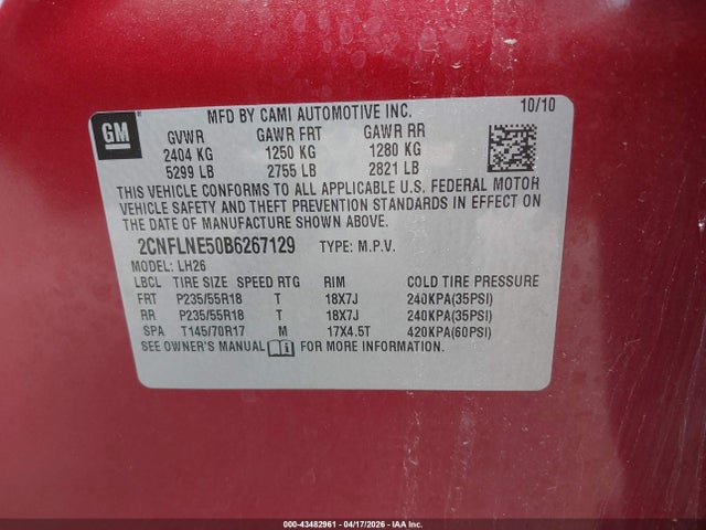 Продаж на аукціоні авто 2011 Chevrolet Equinox 2lt, vin: 2CNFLNE50B6267129, номер лоту: 43482961