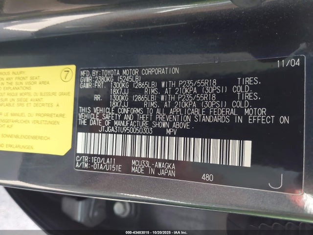 Aukcja sprzedaży 2005 Lexus Rx 330, vin: JTJGA31U950050303, numer aukcji: 43483015