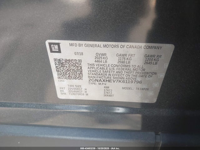 Продажа на аукционе авто 2019 Chevrolet Equinox Ls, vin: 2GNAXHEV7K6119796, номер лота: 43483239