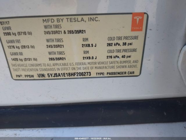 2017 TESLA MODEL S 5YJSA1E18HF206273 Photo 8