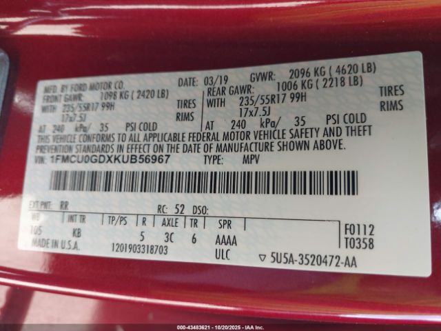 2019 FORD ESCAPE 1FMCU0GDXKUB56967 Photo 8