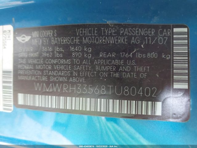 2008 MINI COOPER S WMWRH33568TU80402 Photo 8