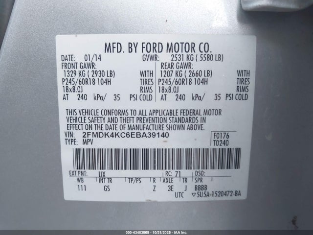 Продаж на аукціоні авто 2014 Ford Edge Limited, vin: 2FMDK4KC6EBA39140, номер лоту: 43483809