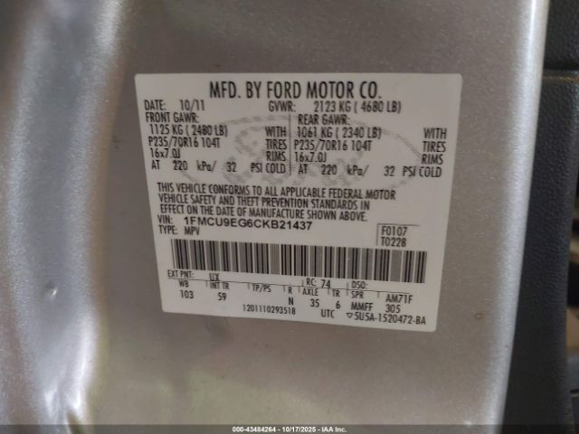 2012 FORD ESCAPE 1FMCU9EG6CKB21437 Photo 8