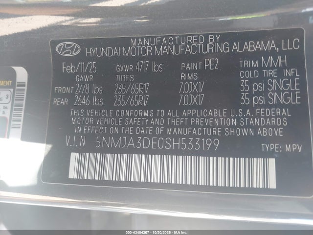 Продажа на аукционе авто 2025 Hyundai Tucson Se, vin: 5NMJA3DE0SH533199, номер лота: 43484307