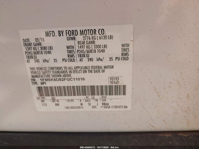 1FM5K8D82FGC11016 Ford EXPLORER XLT