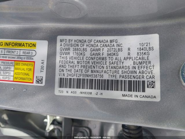 2022 HONDA CIVIC 2HGFE2F55NH538756 Photo 8