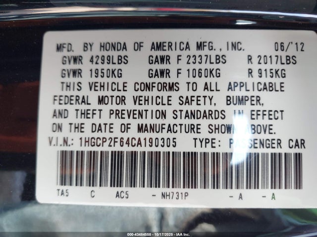 Продажа на аукционе авто 2012 Honda Accord 2.4 Se, vin: 1HGCP2F64CA190305, номер лота: 43484558