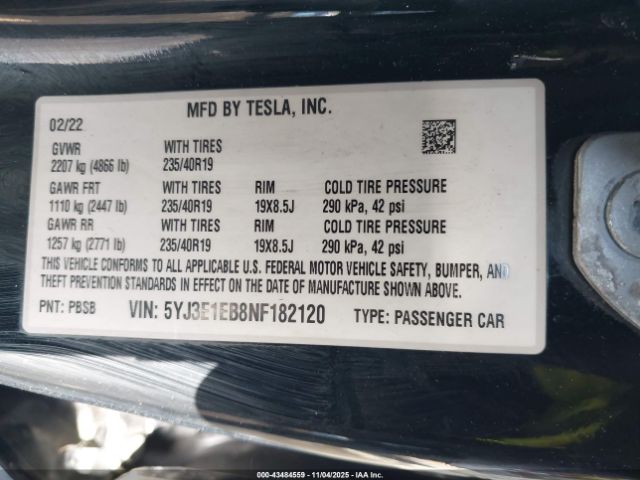2022 TESLA MODEL 3 5YJ3E1EB8NF182120 Photo 8