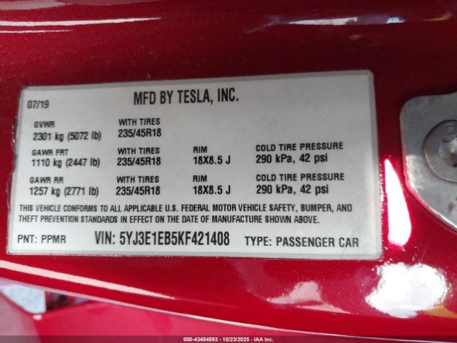 2019 TESLA MODEL 3 5YJ3E1EB5KF421408 Photo 8
