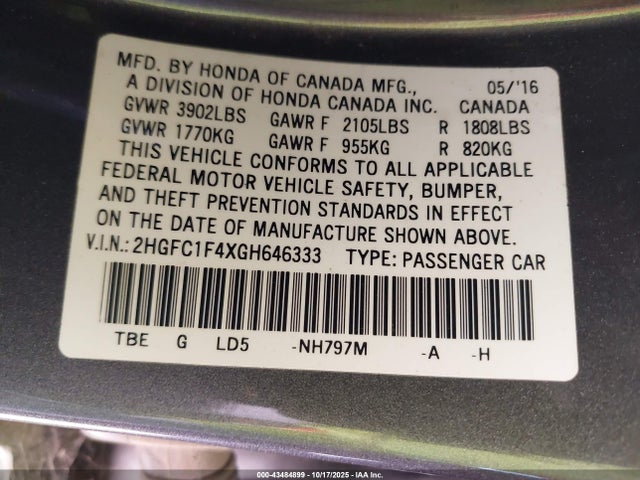 2HGFC1F4XGH646333 Honda Civic Ex-t
