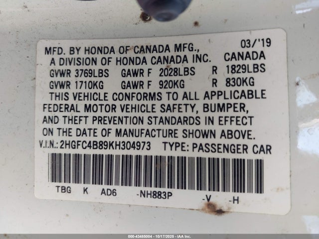 Aukcja sprzedaży 2019 Honda Civic Sport, vin: 2HGFC4B89KH304973, numer aukcji: 43485004