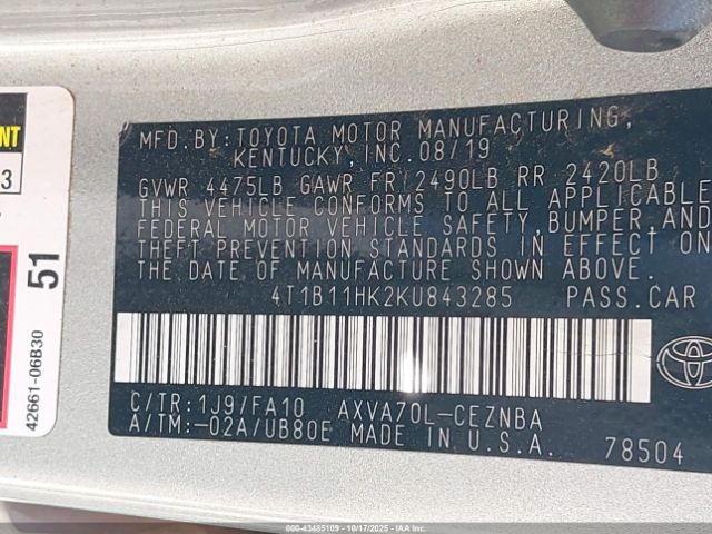 2019 TOYOTA CAMRY 4T1B11HK2KU843285 Photo 8