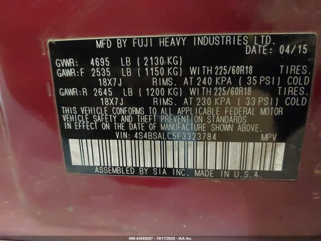 4S4BSALC5F3323784 Subaru Outback 2.5i Limited