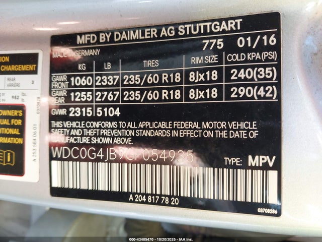 Продаж на аукціоні авто 2016 Mercedes-benz Glc 300, vin: WDC0G4JB9GF054935, номер лоту: 43485470