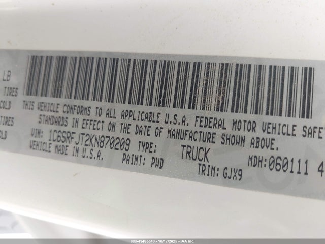 Aukcja sprzedaży 2019 Ram 1500 Laramie  4x4 5'7 Box, vin: 1C6SRFJT2KN870209, numer aukcji: 43485543