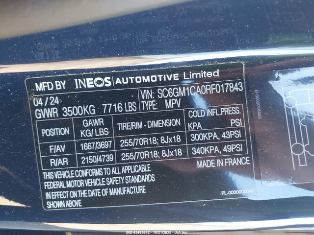 Продажа на аукционе авто 2024 Ineos Grenadier Fieldmaster Edition/trialmaster Edition, vin: SC6GM1CA0RF017843, номер лота: 43485642