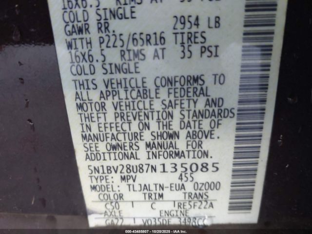 2007 NISSAN QUEST 5N1BV28U87N135085 Photo 8