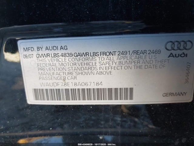 2008 AUDI A4 WAUDF78E18A067184 Photo 8