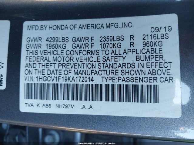 Продаж на аукціоні авто 2019 Honda Accord Lx, vin: 1HGCV1F19KA172014, номер лоту: 43486075