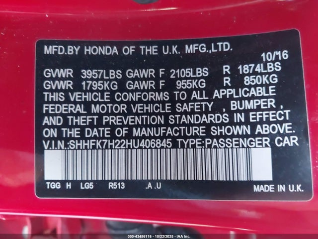 SHHFK7H22HU406845 Honda l15ba