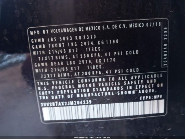 2018 VOLKSWAGEN TIGUAN 3VV2B7AX2JM204239 Photo 8