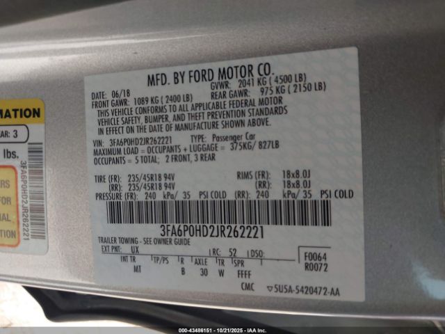 2018 FORD FUSION 3FA6P0HD2JR262221 Photo 8