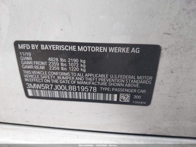 Aukcja sprzedaży 2020 Bmw 330i Xdrive, vin: 3MW5R7J00L8B19578, numer aukcji: 43486464