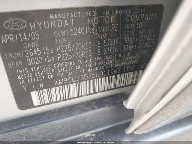 Продажа на аукционе авто 2005 Hyundai Santa Fe Gls, vin: KM8SC73D75U011967, номер лота: 43486606