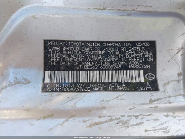 2006 LEXUS IS 350 JTHBE262162005248 Photo 8