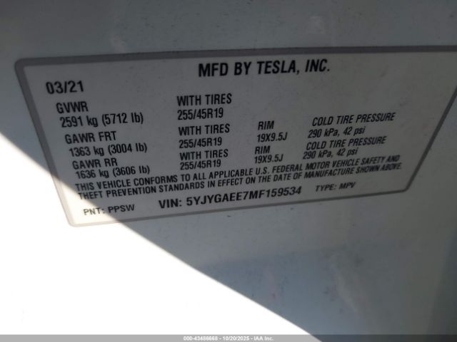 2021 TESLA MODEL Y 5YJYGAEE7MF159534 Photo 8