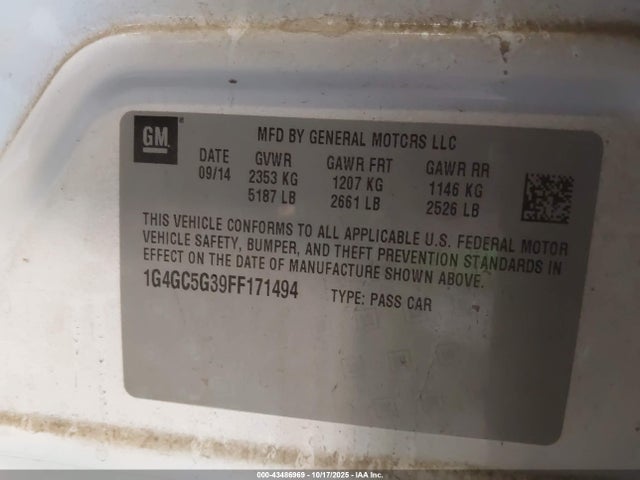 43486969 :رقم المزاد ، 1G4GC5G39FF171494 vin ، 2015 Buick Lacrosse Leather مزاد بيع