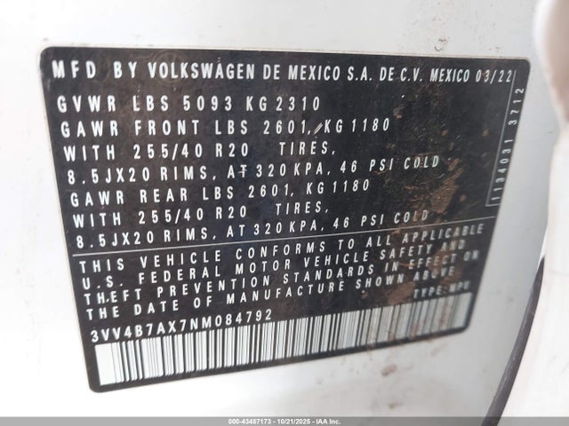 3VV4B7AX7NM084792 Volkswagen Tiguan 2.0t Sel R-line