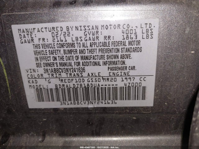 3N1AB8CV3NY241636 Nissan Sentra Sv Xtronic Cvt