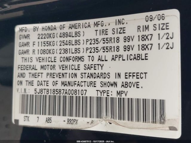 2007 ACURA RDX 5J8TB18587A008107 Photo 8
