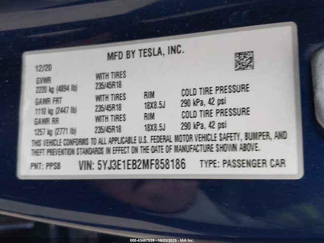 2021 TESLA MODEL 3 5YJ3E1EB2MF858186 Photo 8