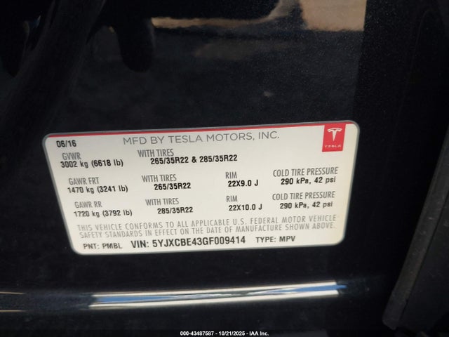 2016 TESLA MODEL X 5YJXCBE43GF009414 Photo 8