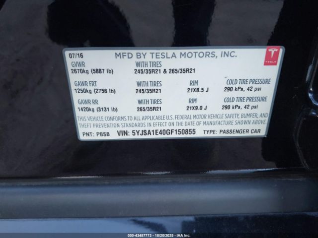 2016 TESLA MODEL S 5YJSA1E40GF150855 Photo 8