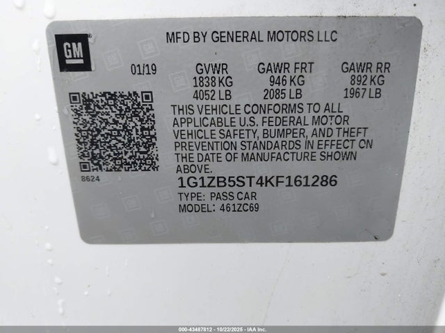 Продажа на аукционе авто 2019 Chevrolet Malibu 1ls, vin: 1G1ZB5ST4KF161286, номер лота: 43487812