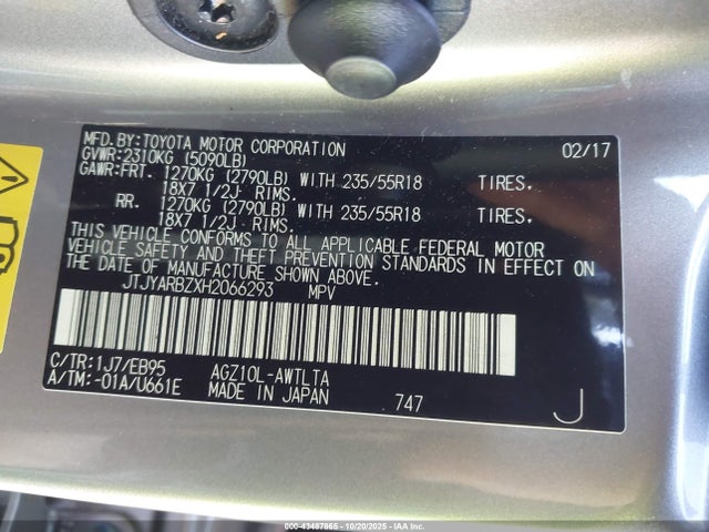 43487865 :رقم المزاد ، JTJYARBZXH2066293 vin ، 2017 Lexus Nx 200t F Sport مزاد بيع