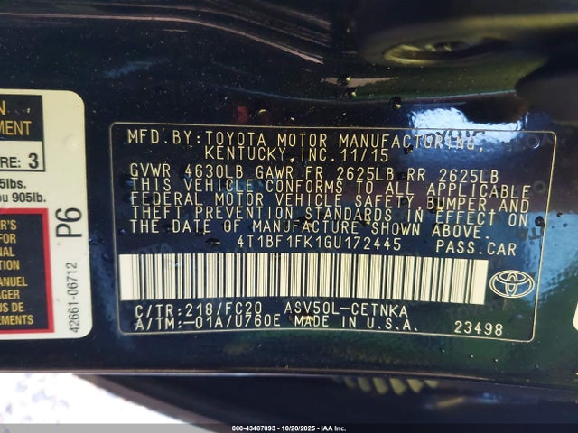 2016 Toyota Camry Le მანქანა იყიდება აუქციონზე, vin: 4T1BF1FK1GU172445, აუქციონის ნომერი: 43487893