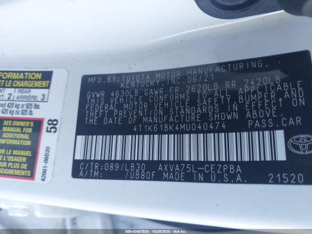 2021 TOYOTA CAMRY 4T1K61BK4MU040474 Photo 8
