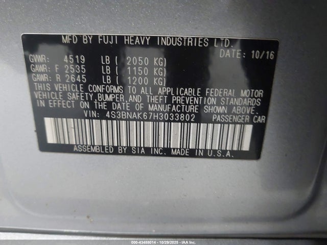 2017 Subaru Legacy 2.5i Limited მანქანა იყიდება აუქციონზე, vin: 4S3BNAK67H3033802, აუქციონის ნომერი: 43488014